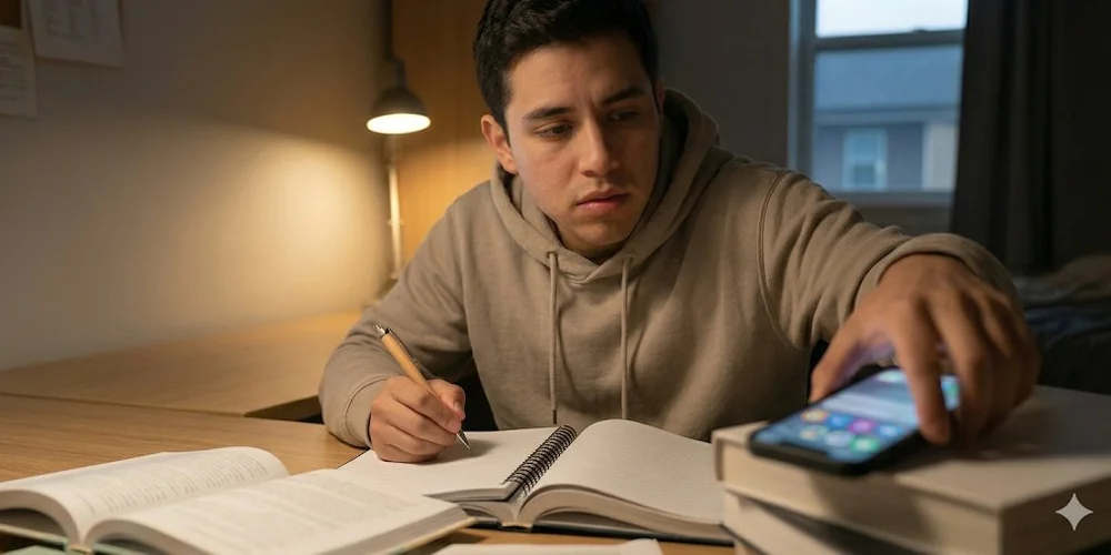 Aufmerksamkeitsspanne / MLP Financify / Student sitzt am Schreibtisch mit aufgeschlagenen Büchern und greift beim Lernen nach seinem Smartphone.