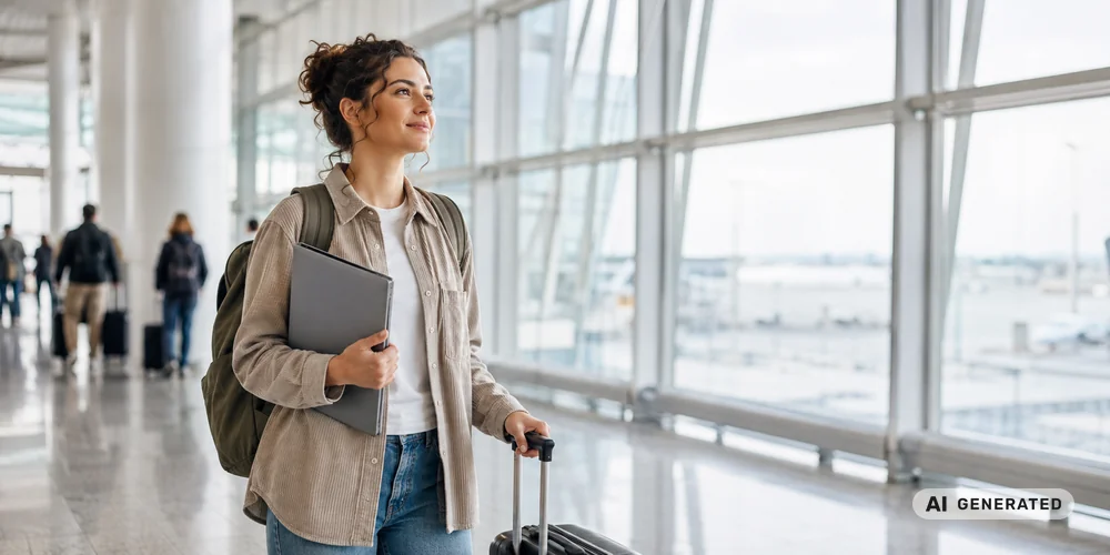 Junge Studentin mit Rucksack, Laptop und Trolley steht am Flughafen-Gate und blickt vor ihrem Auslandssemester nach draußen auf das Rollfeld.
