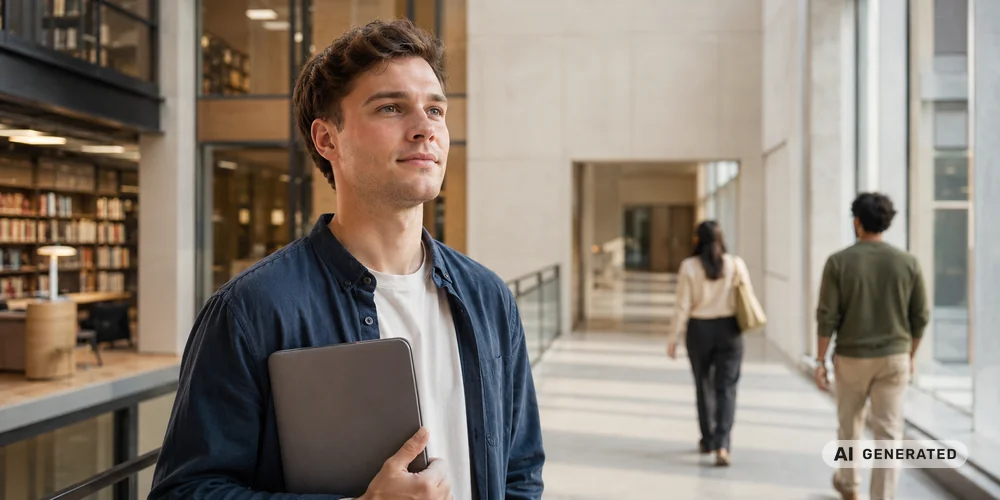 Ein Student steht in der Bibliothek und vergleich die Einstiegsgehälter nach Studiengang (KI-generiert). 