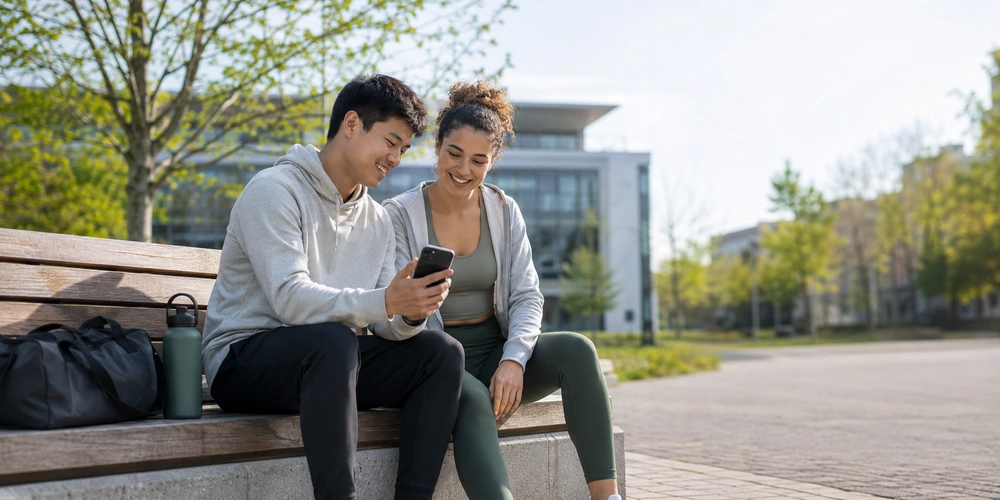 MLP Financify / Zwei junge Studierende in Sportkleidung sitzen auf einer Bank auf dem Campus und prüfen gemeinsam in der Bonus-App ihrer Krankenkasse gesammelte Bonuspunkte.