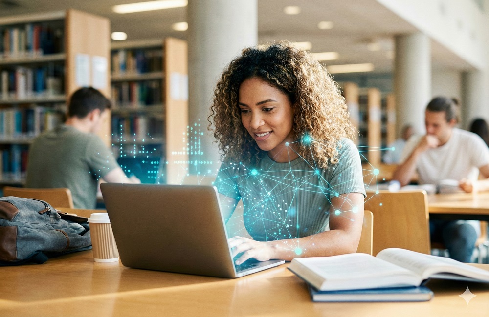 ChatGPT Studium / MLP Financify / Studierende arbeitet mit ChatGPT und KI-Tools am Laptop für ihre Hausarbeit.