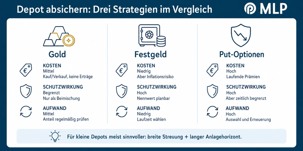 Infografik: Gold, Festgeld und Put-Optionen im Vergleich nach Kosten, Schutzwirkung und Aufwand.