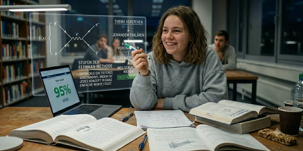 Feynman-Methode / MLP Financify / Studentin in Bibliothek mit virtuellem Schaubild