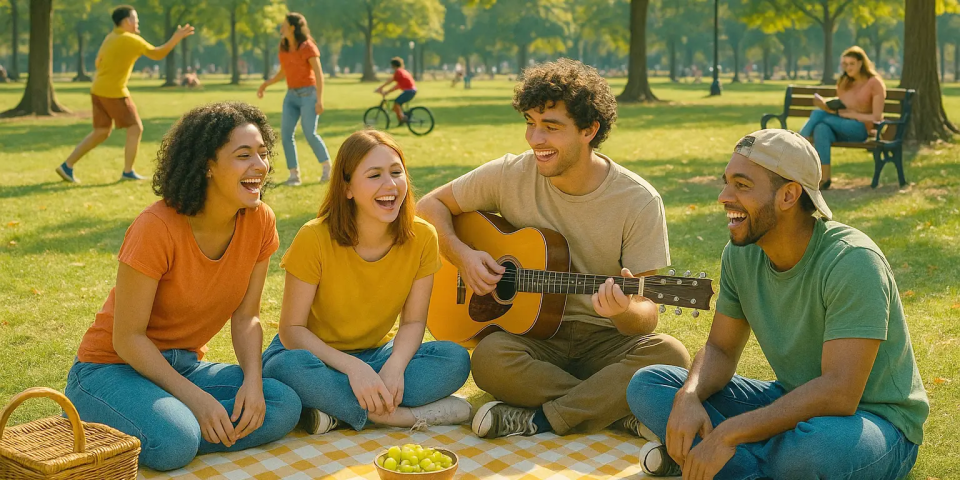 MLP Financify / Dein Freizeit-Guide mit 50 Euro im Monat / Gruppe junger Menschen beim Picknick