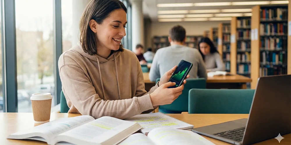 Geldanlage im Studium / MLP Financify / Studentin legt verantwortungsvoll Geld an.