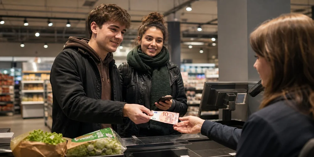 Gen Z und Bargeld / MLP Financify / Zwei junge Menschen der Gen Z bezahlen im Supermarkt mit Bargeld