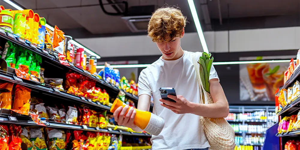 Grüne Zertifikate und Nachhaltigkeitssiegel / MLP Financify / Student im Supermarkt
