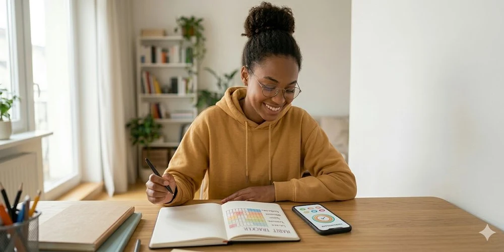 Habit Tracker / MLP Financify / Eine Studentin sitzt am Schreibtisch und trägt erledigte Gewohnheiten in ein Notizbuch ein.