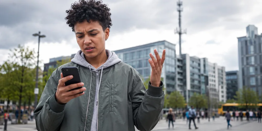 Handyvertrag kündigen / MLP Financify / Person schaut frustriert auf ihr Smartphone mit fehlendem Empfangssignal.