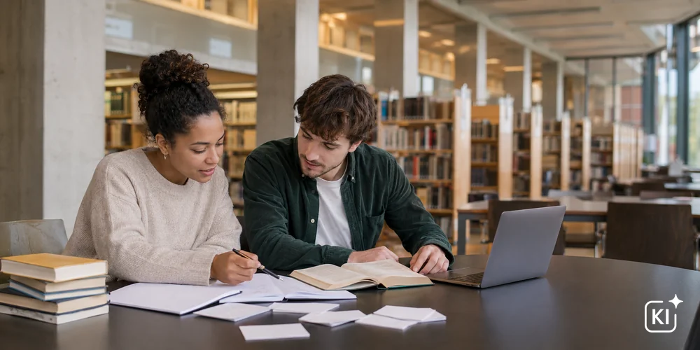 Hausarbeit schreiben / MLP FInancify / Studierende arbeiten in der Bibliothek gemeinsam an einer Hausarbeit.