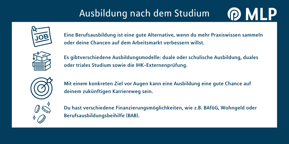 Ausbildung nach dem Studium: Gründe, Tipps und Finanzierungsmöglichkeiten / MLP Financify / Infografik zur Ausbildung nach dem Studium