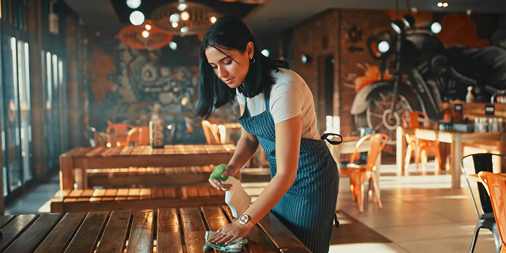 Studentenjob Kellnern / MLP Financify / Junge Kellnerin reinigt Tisch im Restaurant.