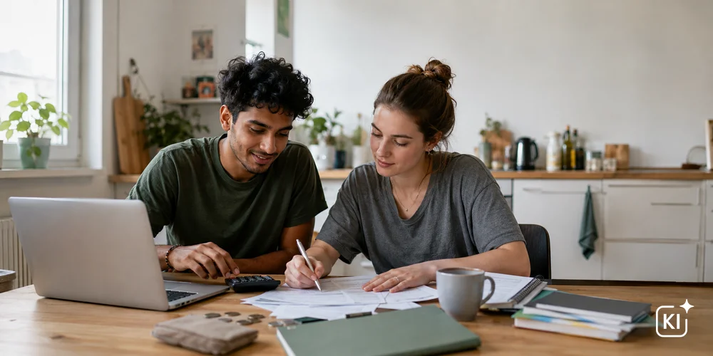 KfW STudienkredit / MLP Financify / Zwei Studierende planen am Küchentisch die Finanzierung ihres Studiums mit dem KfW-Studienkredit.