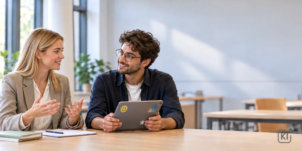Zwei Studierende üben mit KI-gestützten Impulsen gemeinsam für ein Vorstellungsgespräch.