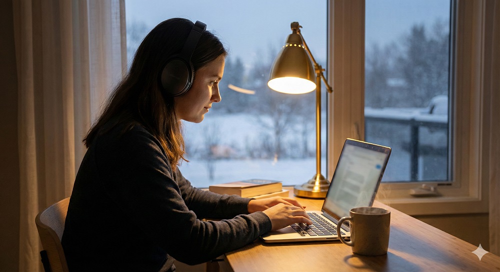 Kostenlose Online Kurse / MLP Financify / Studierende Frau lernt konzentriert am Laptop und nimmt an einem kostenlosen Online-Kurs teil.