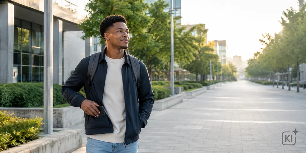 Krisenfestes Depot / MLP Financify / Ein Student geht mit Rucksack und Smartphone über den Campus und blickt zur Seite.