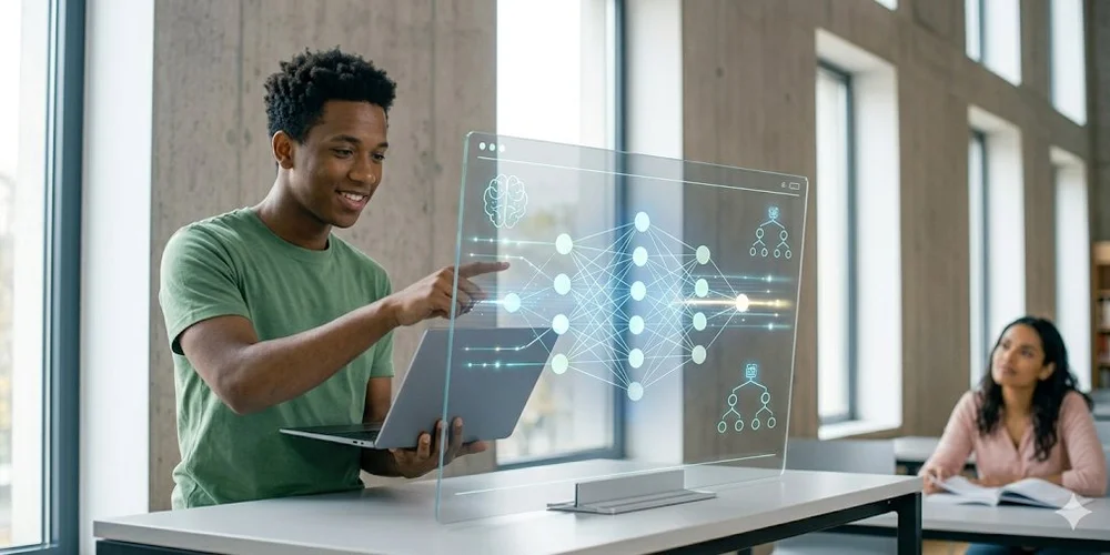 Künstliche Intelligenz studieren / MLP Financify / Student interagiert mit KI-Visualisierung