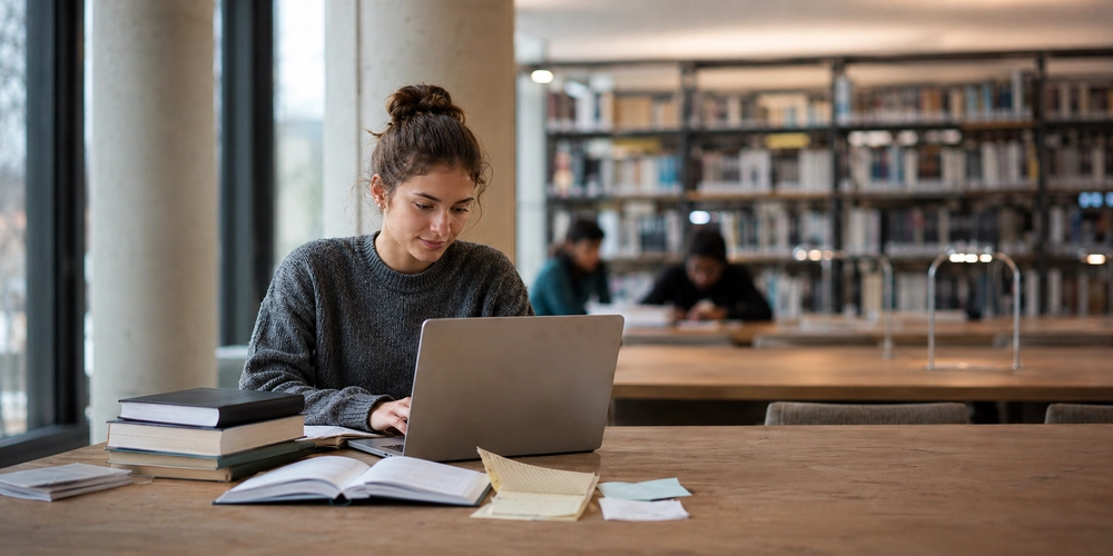 Literaturrecherche / MLP Financify / Studentin recherchiert in der Bibliothek mit Laptop und Fachbüchern nach Quellen.