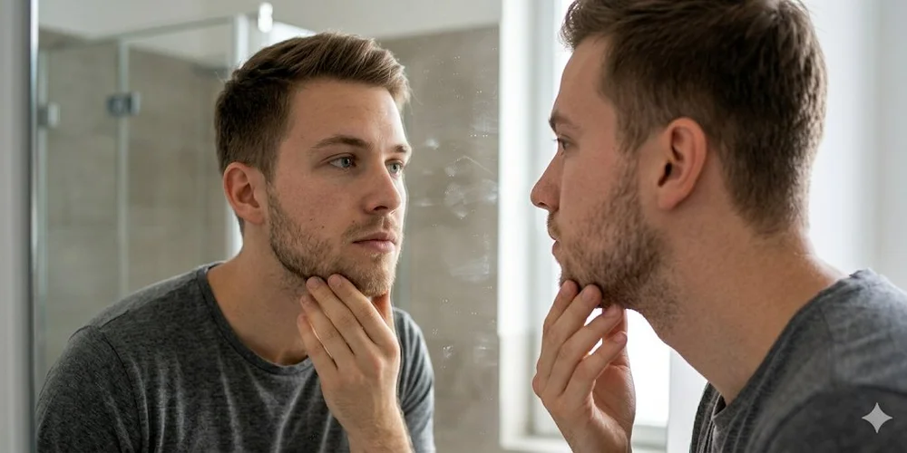 Looksmaxxing / MLP Financify / Junger Mann betrachtet sein Gesicht kritisch im Spiegel – Symbol für den Looksmaxxing-Trend auf TikTok