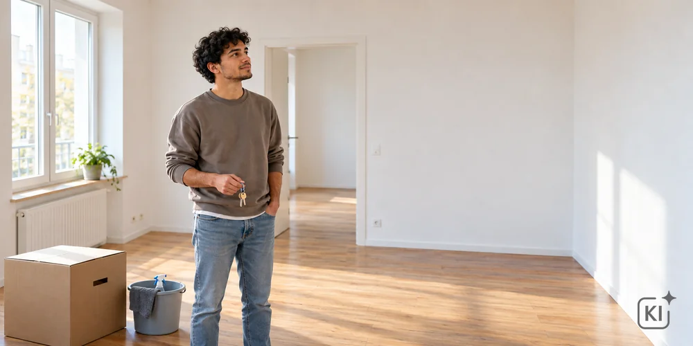 Ein Studierender kontrolliert beim Auszug sorgfältig den Zustand einer leeren Wohnung. --ar