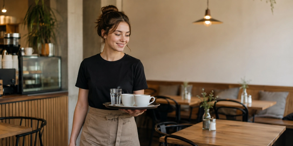 Kellnerin serviert Kaffee in einem Café – Minijob im Gastgewerbe.