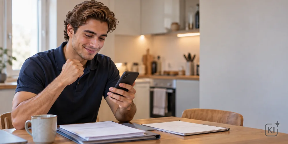 Ein Student reagiert in einer hellen WG-Küche erleichtert auf eine Nachricht auf seinem Smartphone.