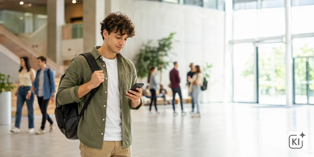 Notizen App kostenos / MLP Financify / Student blickt im Gebäudefoyer auf sein Smartphone.