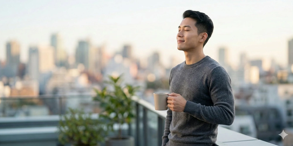 Quiet Ambition / MLP Financify / Junger Mann steht entspannt mit geschlossenen Augen auf einem Dachbalkon mit Stadtpanorama und hält eine Kaffeetasse.