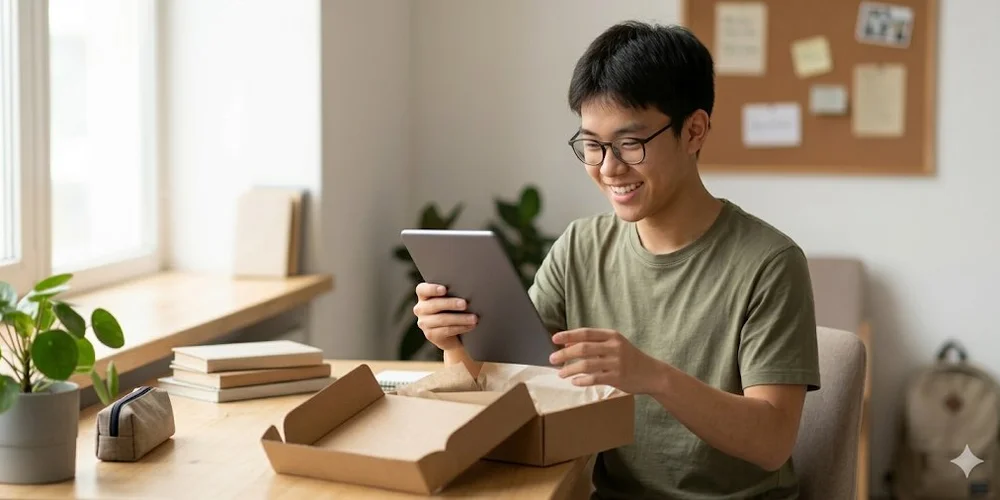 Refurished IT / MLP Financify / Student beim Auspacken eines refurbished Tablets aus einem Karton an seinem Schreibtisch.