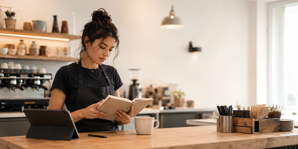 Nebenjob und Planung in den Semesterferien / MLP Financify / Studentin mit Schürze liest in einem Notizbuch am Café-Tresen