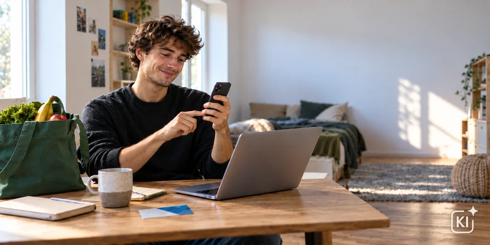 Ein Student sitzt an einem Schreibtisch und prüft am Smartphone seine Spar-Apps.
