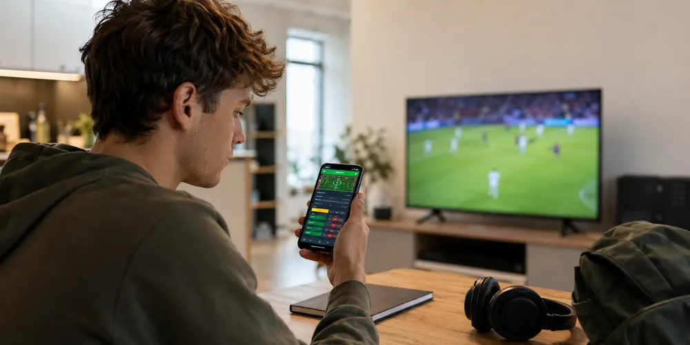Sportwetten WM 2026 / MLP Financify / Eine Person schaut auf dem Smartphone WM-Wettquoten an.