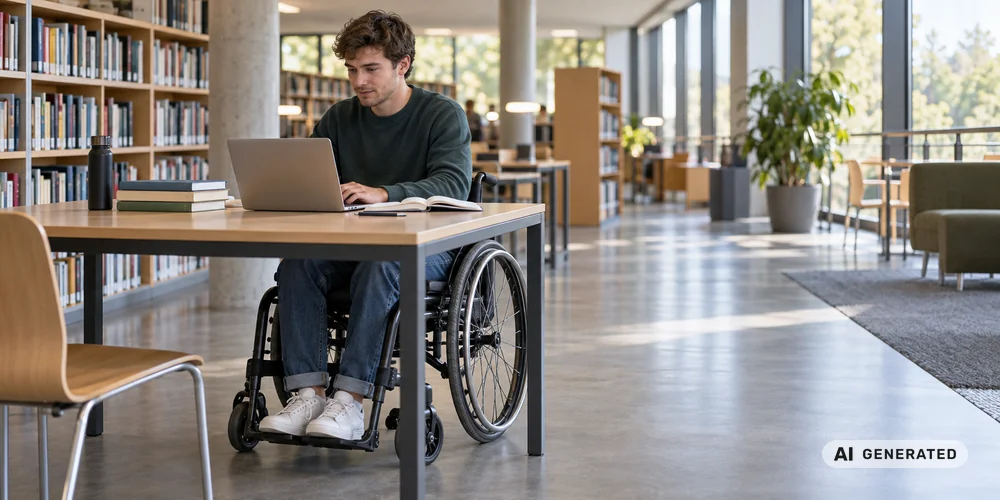 Student im Rollstuhl in Bibliothek / MLP