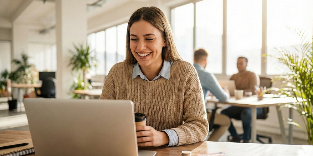 Studienfinanzierung: Wie kann ich mein Studium finanzieren? / MLP Financify / Studentin sitzt mit Laptop an Schreibtisch