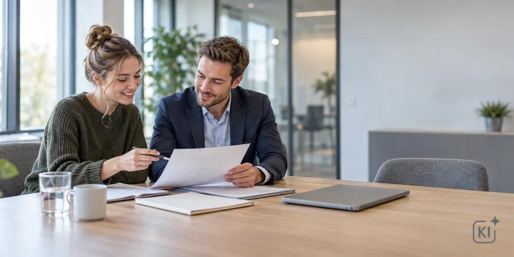 Eine Studentin bespricht mit einem Arbeitgebervertreter die finanzielle Unterstützung für ihr Studium.