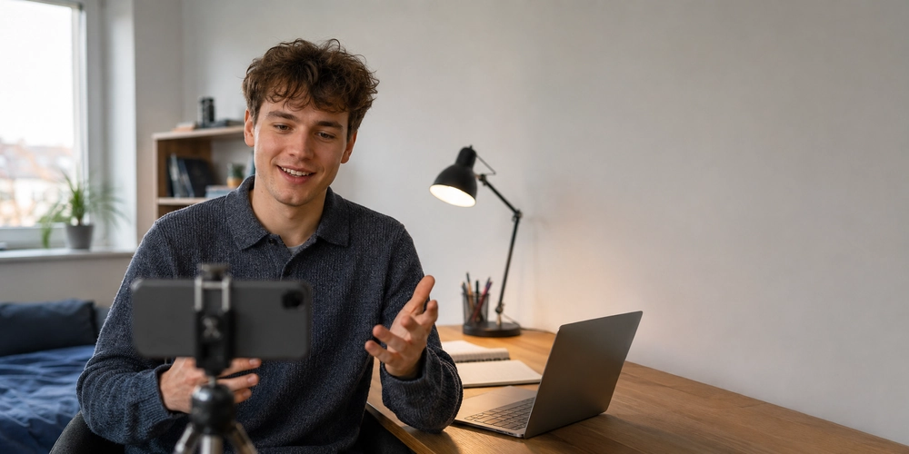 Videobewerbung / MLP Financify / Student nimmt Videobewerbung mit Handy auf.