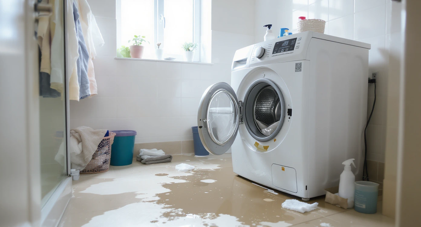 Waschmaschine ausgelaufen – Ist das versichert? / MLP Financify / Auslaufende Waschmaschine mit Wasser und Schaum auf dem Boden eines hellen Badezimmers