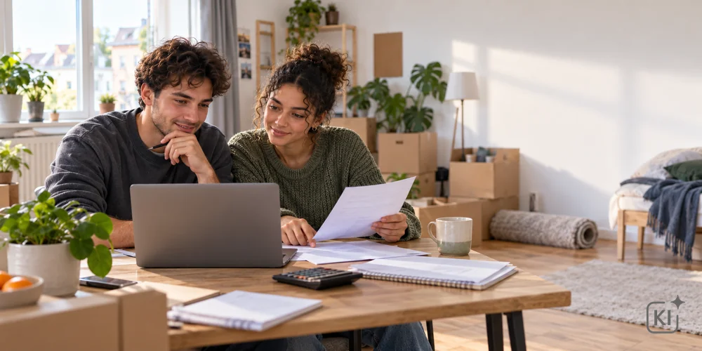 Eine Studentin und ein Student sitzen mit dem Laptop und seinen Unterlagen am Schreibtisch und berechnen ihr Wohngeld.