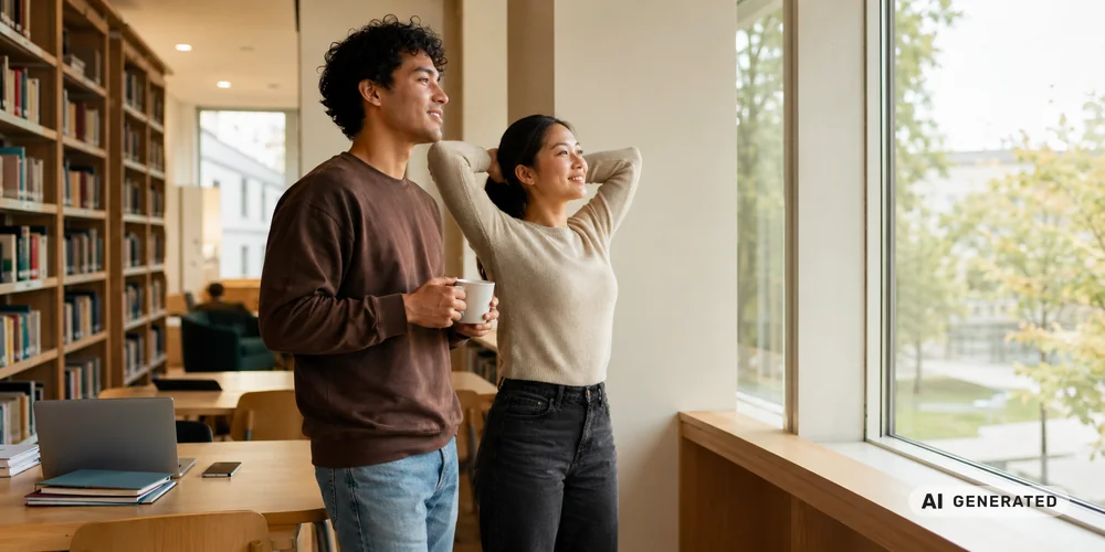 Zwei Studierende machen in der Bibliothek eine Lernpause und schauen mit Kaffeetasse aus dem Fenster – Zeitmanagement im Studium mit geplanten Erholungsphasen