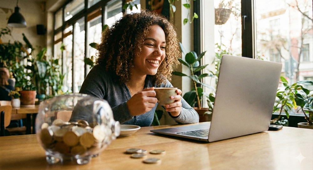 Mindestlohn Studierende / MLP Financify / Studierende mit Laptop und Sparschwein plant ihre Finanzen im Nebenjob.